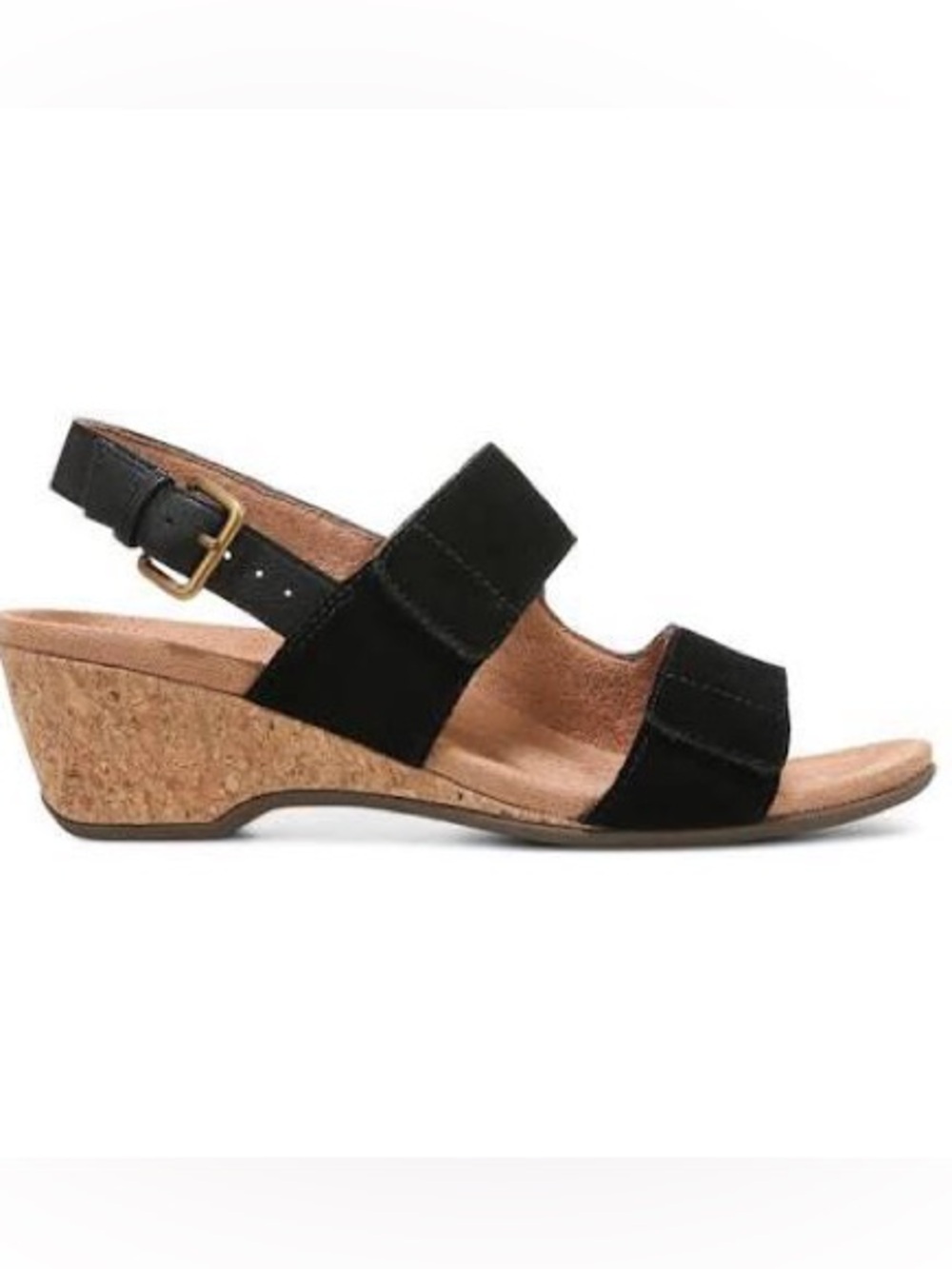 Vionic Marian Black Suede strappy Cork Wedge Sandals Sz 9.5